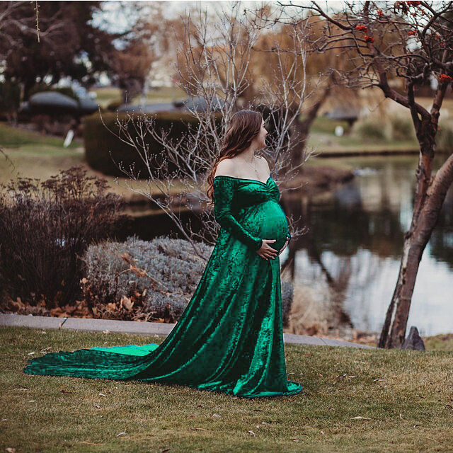 Klasiskas grūtnieču kleitas fotogrāfiju rekvizīti Seksīgi sadalīti sāni Sarkana Zaļa Zila Grūtniecēm Garas grūtniecības kleitas Fotosesijas