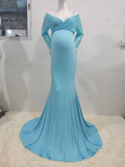 Sekss grūtniecēm no pleciem Nāriņas mežģīņu kleita Maxi fotografēšanas kleita ar garām piedurknēm bērnu dušas fotosesijas rekvizītu kleita