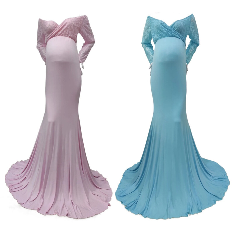 Sekss grūtniecēm no pleciem Nāriņas mežģīņu kleita Maxi fotografēšanas kleita ar garām piedurknēm bērnu dušas fotosesijas rekvizītu kleita