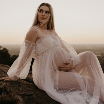 Δείτε Through Dot Tulle Maternity Photo Shooting Μακρύ φόρεμα μακριά από τον ώμο Τούλι μακρύ φόρεμα για στηρίγματα φωτογραφίας έγκυων γυναικών