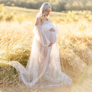 Δείτε Through Dot Tulle Maternity Photo Shooting Μακρύ φόρεμα μακριά από τον ώμο Τούλι μακρύ φόρεμα για στηρίγματα φωτογραφίας έγκυων γυναικών