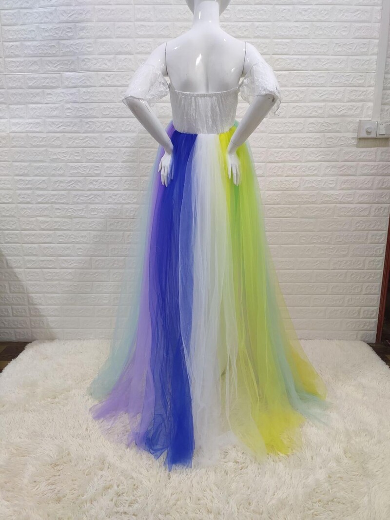 Φορέματα εγκυμοσύνης χωρίς ώμους για φωτογράφιση Maxi gown Rainbow Mesh Γυναίκες έγκυες στηρίγματα φωτογραφίας Φόρεμα μακράς εγκυμοσύνης