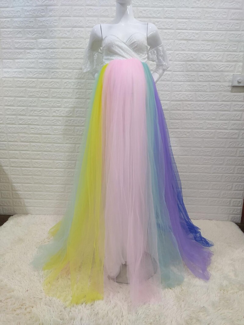 Φορέματα εγκυμοσύνης χωρίς ώμους για φωτογράφιση Maxi gown Rainbow Mesh Γυναίκες έγκυες στηρίγματα φωτογραφίας Φόρεμα μακράς εγκυμοσύνης