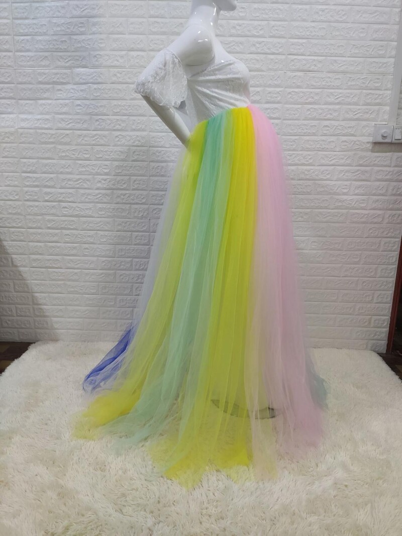 Φορέματα εγκυμοσύνης χωρίς ώμους για φωτογράφιση Maxi gown Rainbow Mesh Γυναίκες έγκυες στηρίγματα φωτογραφίας Φόρεμα μακράς εγκυμοσύνης