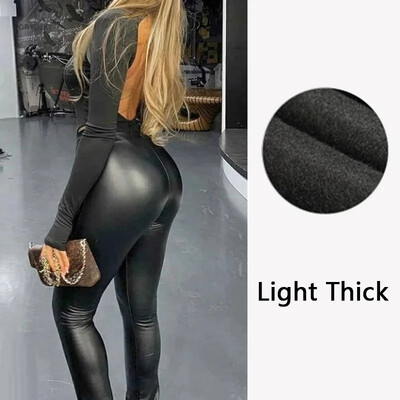 Liela izmēra ziemas PU ādas legingi sievietēm, sabiezināti silti legingi ar augstu vidukli legingi melni ādas bikses sievietēm