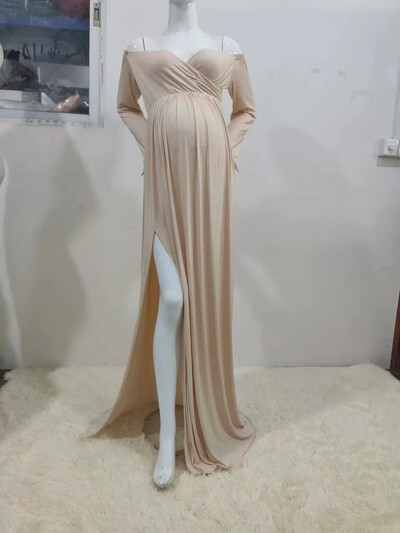 Priekšpuse bez pleciem, sadalīta ar garām piedurknēm grūtnieču kleita grūtnieču kleita grūtniecēm, liela izmēra kleita fotosesijas fotografēšanai, rekvizīti Grūtnieču apģērbi