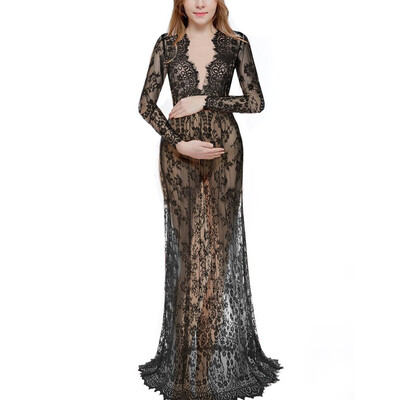 Szexi, mély V-nyakú kismama ruhák fotózáshoz Maxi ruha, elöl osztott női terhes fotózás kellékek hosszú női ruha