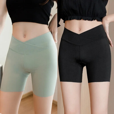 Pantaloni scurți sport cu fir pentru femei Pantaloni scurți din mătase de gheață cu talie încrucișată Vara Evitați scurgerile de lumină Leggings de marime pantaloni scurți elastici pentru fitness, yoga