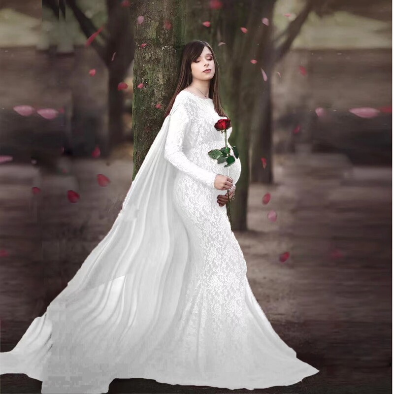 2024. gada grūtnieču kleita fotosesijai Maxi grūtnieču kleita ar garām piedurknēm ar mežģīnēm, kas izšūtas, greznas sievietes grūtnieču fotografēšanas rekvizīti