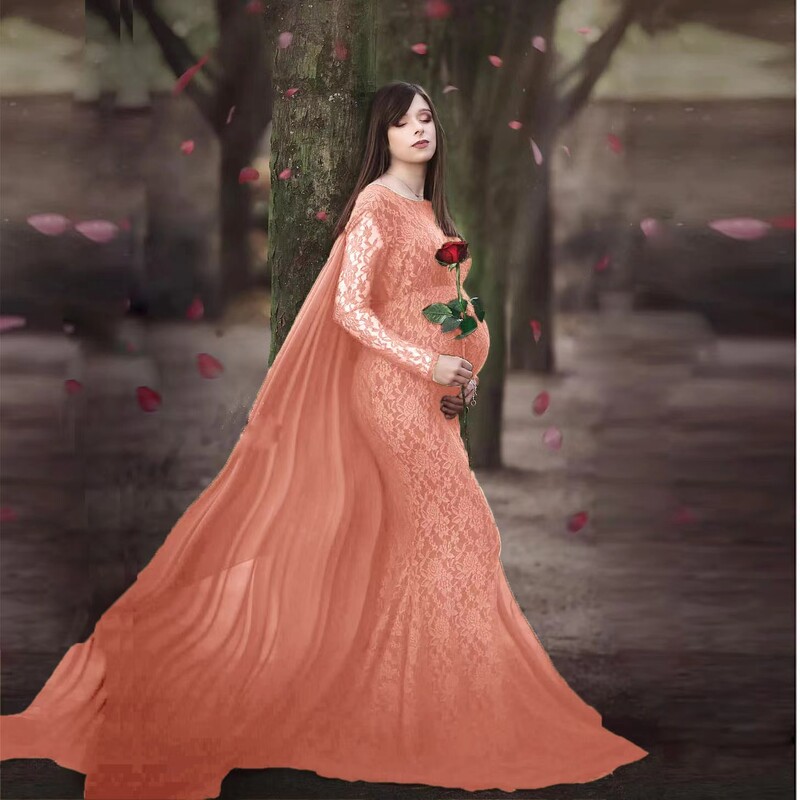 2024. gada grūtnieču kleita fotosesijai Maxi grūtnieču kleita ar garām piedurknēm ar mežģīnēm, kas izšūtas, greznas sievietes grūtnieču fotografēšanas rekvizīti