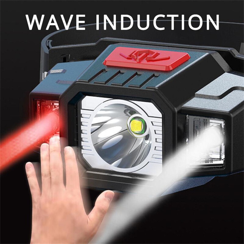 USB uzlādējami priekšējie lukturi Indukcijas priekšējais lukturis COB LED galvas spuldze iebūvēta akumulatora lukturītis daudzfunkciju makšķerēšanas galvas lāpas