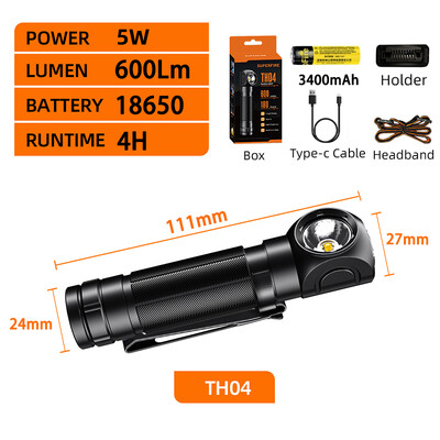 SUPERFIRE TH03 lieljaudas LED priekšējais lukturis USB C uzlādējams Mini 16340 EDC leņķveida galvas lukturītis ar magnētu aizmugurējo darba priekšējo lukturi
