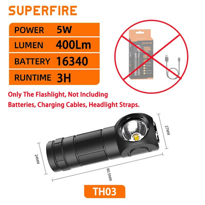 SUPERFIRE TH03 lieljaudas LED priekšējais lukturis USB C uzlādējams Mini 16340 EDC leņķveida galvas lukturītis ar magnētu aizmugurējo darba priekšējo lukturi