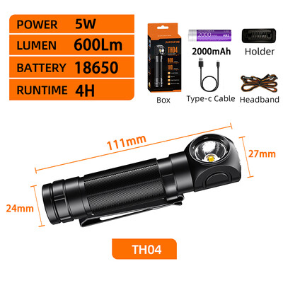 SUPERFIRE TH03 lieljaudas LED priekšējais lukturis USB C uzlādējams Mini 16340 EDC leņķveida galvas lukturītis ar magnētu aizmugurējo darba priekšējo lukturi