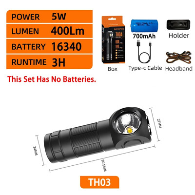 SUPERFIRE TH03 lieljaudas LED priekšējais lukturis USB C uzlādējams Mini 16340 EDC leņķveida galvas lukturītis ar magnētu aizmugurējo darba priekšējo lukturi