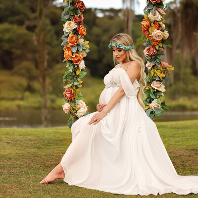 Φορέματα μάξι για έγκυες φωτογράφιση Off Shoulder Sashes Ρόμπα ωριμότητας Baby shower Γυναικεία φόρεμα εγκυμοσύνης Μήκος στο πάτωμα