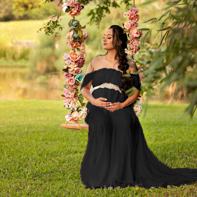 Φορέματα μάξι για έγκυες φωτογράφιση Off Shoulder Sashes Ρόμπα ωριμότητας Baby shower Γυναικεία φόρεμα εγκυμοσύνης Μήκος στο πάτωμα