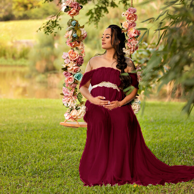 Φορέματα μάξι για έγκυες φωτογράφιση Off Shoulder Sashes Ρόμπα ωριμότητας Baby shower Γυναικεία φόρεμα εγκυμοσύνης Μήκος στο πάτωμα