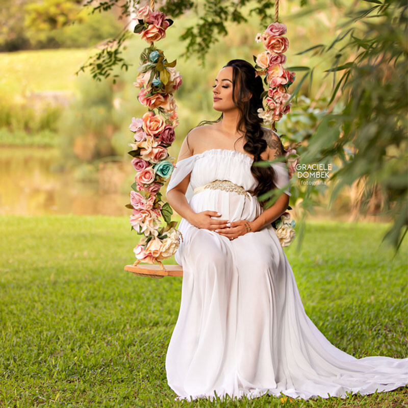 Φορέματα μάξι για έγκυες φωτογράφιση Off Shoulder Sashes Ρόμπα ωριμότητας Baby shower Γυναικεία φόρεμα εγκυμοσύνης Μήκος στο πάτωμα