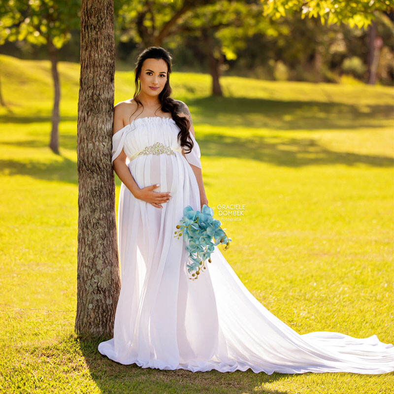 Φορέματα μάξι για έγκυες φωτογράφιση Off Shoulder Sashes Ρόμπα ωριμότητας Baby shower Γυναικεία φόρεμα εγκυμοσύνης Μήκος στο πάτωμα