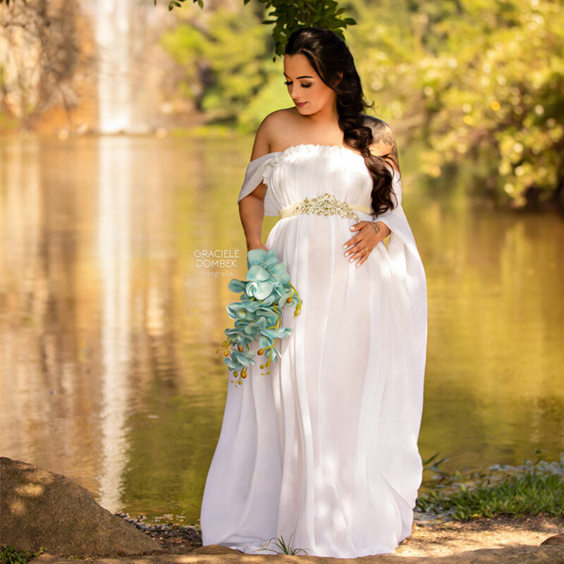 Φορέματα μάξι για έγκυες φωτογράφιση Off Shoulder Sashes Ρόμπα ωριμότητας Baby shower Γυναικεία φόρεμα εγκυμοσύνης Μήκος στο πάτωμα