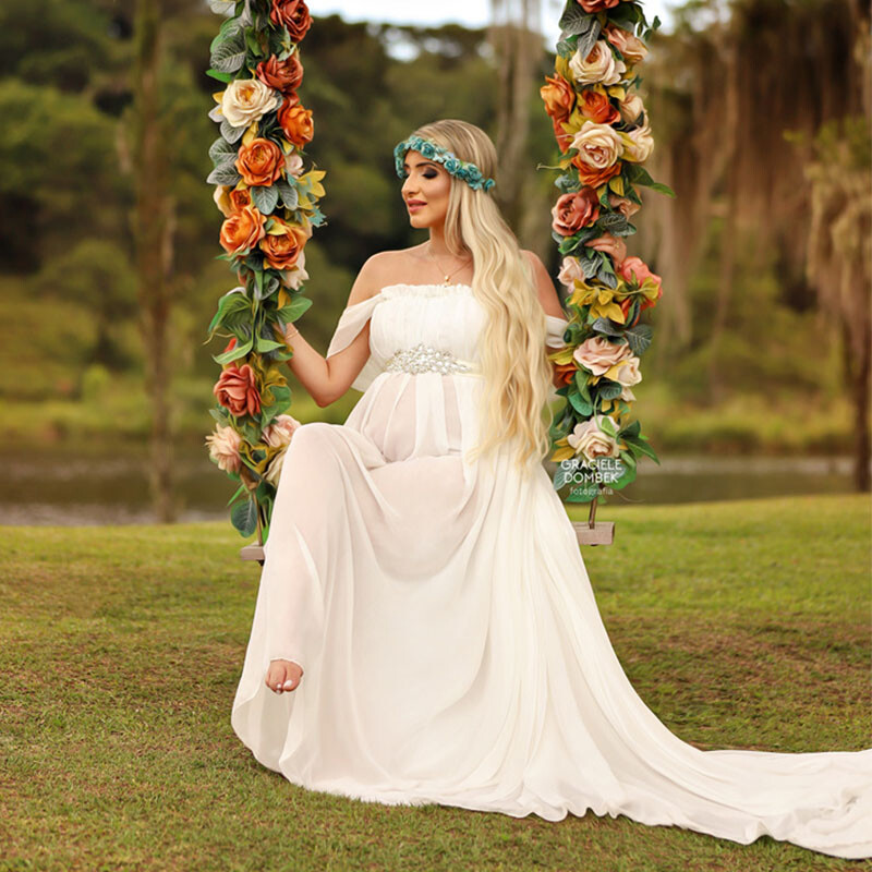 Φορέματα μάξι για έγκυες φωτογράφιση Off Shoulder Sashes Ρόμπα ωριμότητας Baby shower Γυναικεία φόρεμα εγκυμοσύνης Μήκος στο πάτωμα