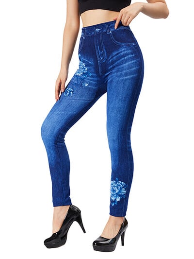 CUHAKCI Pantaloni slim pentru femei Pantaloni cu imprimeu flori albastre Imitație denim Plus Size Blugi cu buzunare false Stretch Jegging falși