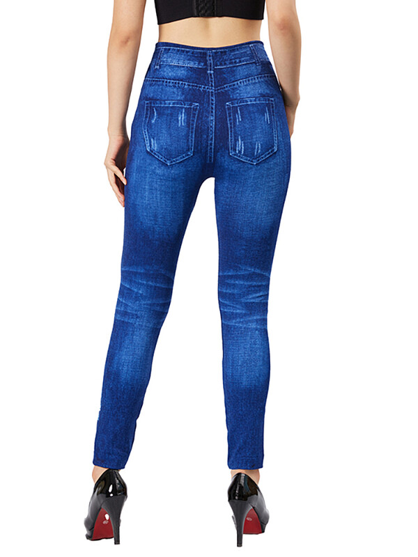 CUHAKCI Sievietēm Slim Fit Bikses Zilas Flower Print Legingi Džinsu imitācija Liela izmēra viltotas kabatas Džinsi Stretch viltus džegingi