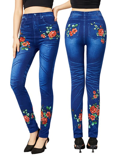 CUHAKCI New Blue Faux Jeans Femei cu imprimare florală Jambiere Slim Fit Eleganti Pantaloni creion Plus Size Jeggings elastici falși din denim