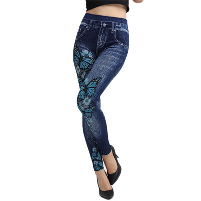 CUHAKCI augstas elastīgās, zilas tauriņdrukas legingi Lielizmēra vintage viltus džinsi sieviešu džegingi mīkstas fitnesa bikses sporta bikses