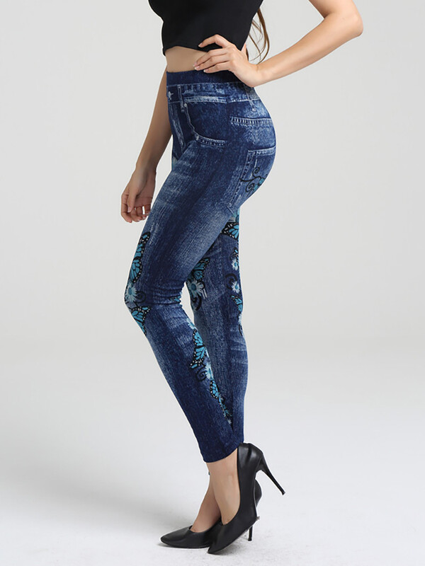 CUHAKCI augstas elastīgās, zilas tauriņdrukas legingi Lielizmēra vintage viltus džinsi sieviešu džegingi mīkstas fitnesa bikses sporta bikses