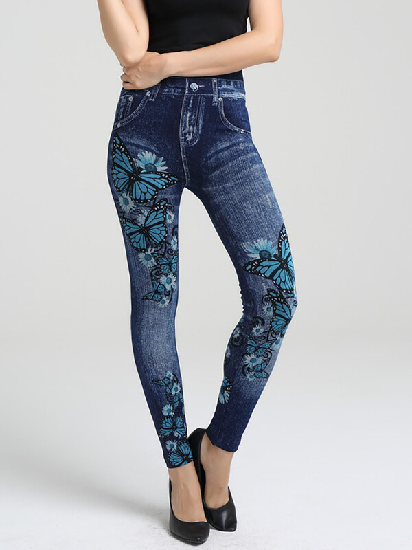 CUHAKCI augstas elastīgās, zilas tauriņdrukas legingi Lielizmēra vintage viltus džinsi sieviešu džegingi mīkstas fitnesa bikses sporta bikses