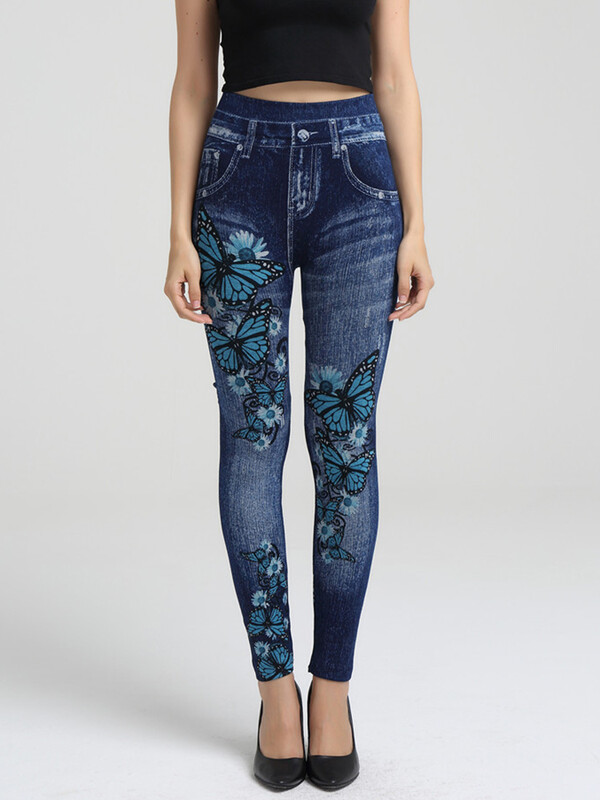 CUHAKCI augstas elastīgās, zilas tauriņdrukas legingi Lielizmēra vintage viltus džinsi sieviešu džegingi mīkstas fitnesa bikses sporta bikses