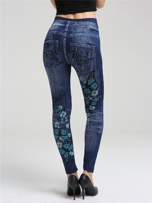 CUHAKCI augstas elastīgās, zilas tauriņdrukas legingi Lielizmēra vintage viltus džinsi sieviešu džegingi mīkstas fitnesa bikses sporta bikses