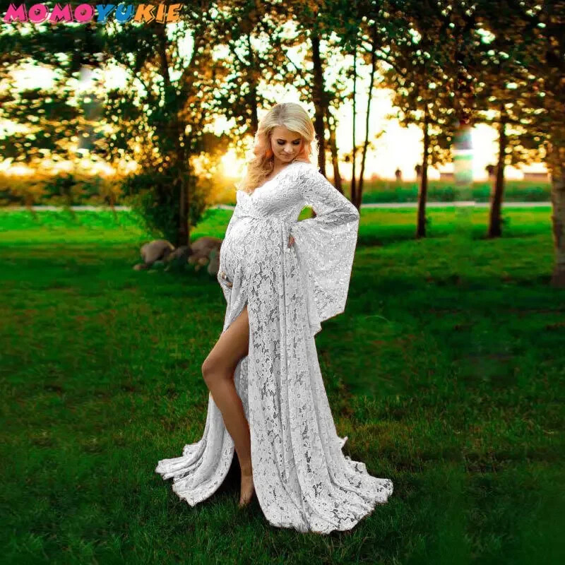 Elegantna trudnička haljina s podijeljenom prednjom stranom Maxi haljina za trudnice Rekvizit za fotografije Nove duge seksi trudničke haljine za fotografiranje Čipka