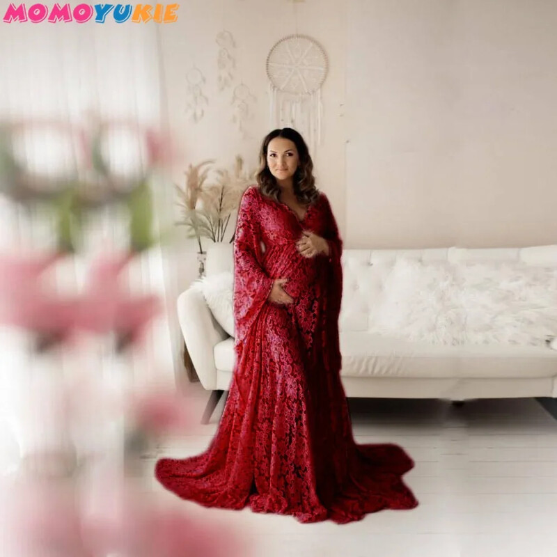 Elegantna trudnička haljina s podijeljenom prednjom stranom Maxi haljina za trudnice Rekvizit za fotografije Nove duge seksi trudničke haljine za fotografiranje Čipka