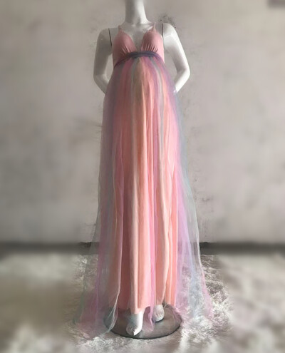 Seksīgas grūtnieču kleitas, fotografēšana ilgas grūtniecības fotosesijas rekvizītus zīdaiņu vakariņām, varavīksnes tilla grūtnieču maksi kleita