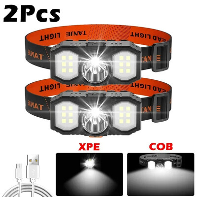 USB uzlādējams COB LED priekšējais lukturis ar iebūvētu 18650 bateriju āra portatīvā kabatas lampa Super Bright zvejas kempinga laterna