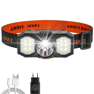 USB uzlādējams COB LED priekšējais lukturis ar iebūvētu 18650 bateriju āra portatīvā kabatas lampa Super Bright zvejas kempinga laterna