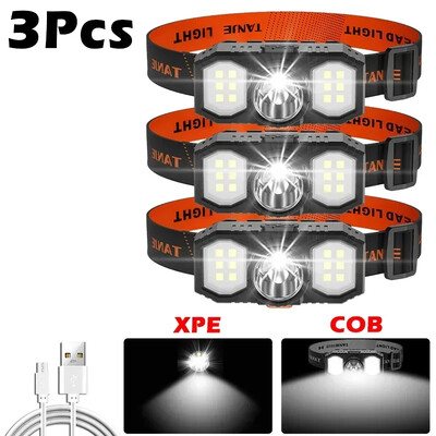 USB uzlādējams COB LED priekšējais lukturis ar iebūvētu 18650 bateriju āra portatīvā kabatas lampa Super Bright zvejas kempinga laterna