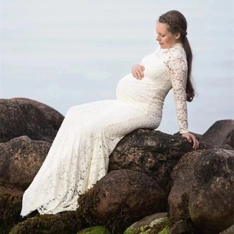 Baby Shower csipke kismama ruhák fotózáshoz Hosszú díszes terhesruha Elegence terhes nők maxi ruha fényképezési kellék