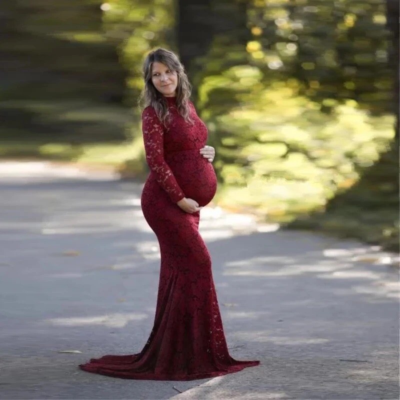 Baby Shower csipke kismama ruhák fotózáshoz Hosszú díszes terhesruha Elegence terhes nők maxi ruha fényképezési kellék