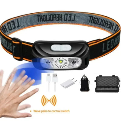 4 režimų judesio jutiklis XPE+COB LED priekinis žibintuvėlis USB įkraunamas vandeniui atsparus stovyklavimo priekinis žibintas bėgiojant žvejybai