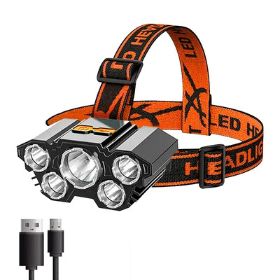 USB įkraunamas 5/11 LED priekinis žibintas, stiprios šviesos priekinio žibinto priekinis žibintas, įmontuotas 18650 baterinis žvejybos žibintuvėlis lauko žibintas