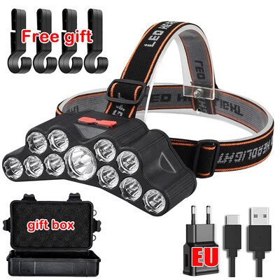 USB įkraunamas 5/11 LED priekinis žibintas, stiprios šviesos priekinio žibinto priekinis žibintas, įmontuotas 18650 baterinis žvejybos žibintuvėlis lauko žibintas