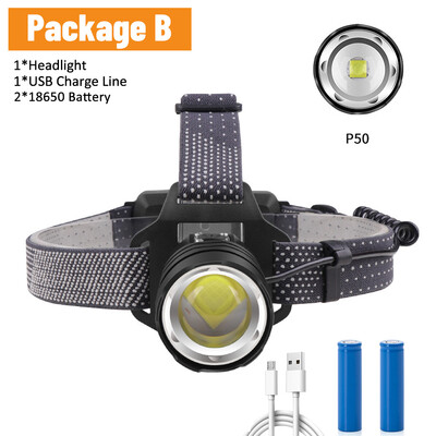 Priekinis žibintas USB įkraunamas priekinis žibintas P160/P50 priekinis žibintas su 4 režimais ir reguliuojama galvos juosta, skirta stovyklavimui žygiams lauke, medžioklei