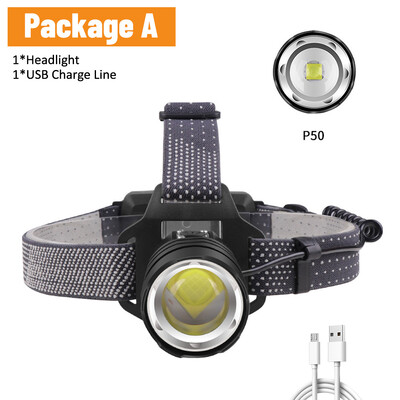 Priekinis žibintas USB įkraunamas priekinis žibintas P160/P50 priekinis žibintas su 4 režimais ir reguliuojama galvos juosta, skirta stovyklavimui žygiams lauke, medžioklei