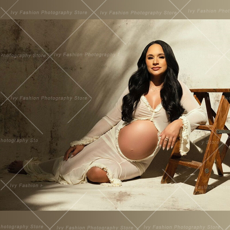 Rochie de maternitate Rochie pentru ședință foto Rochie de duș pentru bebeluș cu mâneci lungi, sexy, cu volan, pentru femeie însărcinată.