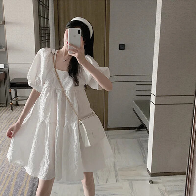 Elegantna trudnička haljina 2024. Ljeto s puf rukavima Bijela prva ljubav Elegantna haljina ženskog gracioznog stila s četvrtastim ovratnikom