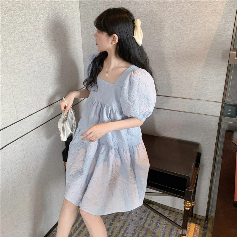 Elegantna trudnička haljina 2024. Ljeto s puf rukavima Bijela prva ljubav Elegantna haljina ženskog gracioznog stila s četvrtastim ovratnikom